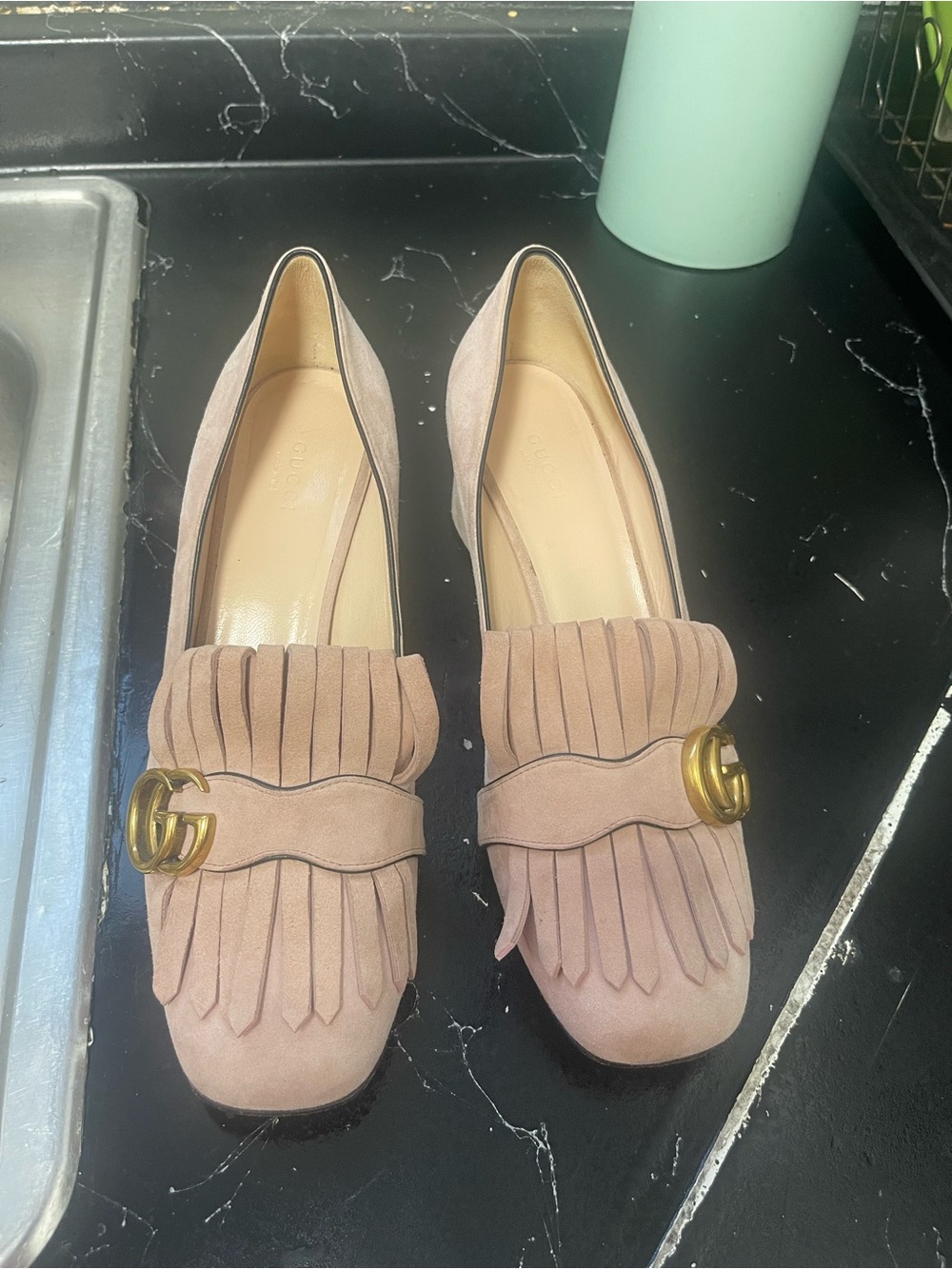 Gucci Pink Suede Fringe Loafers with Gold GG